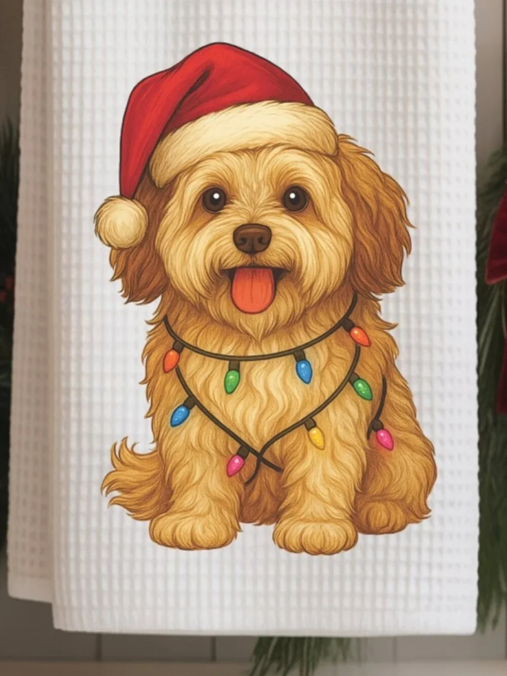 Havanese Christmas Lights Decorative Kitchen Tea Towel